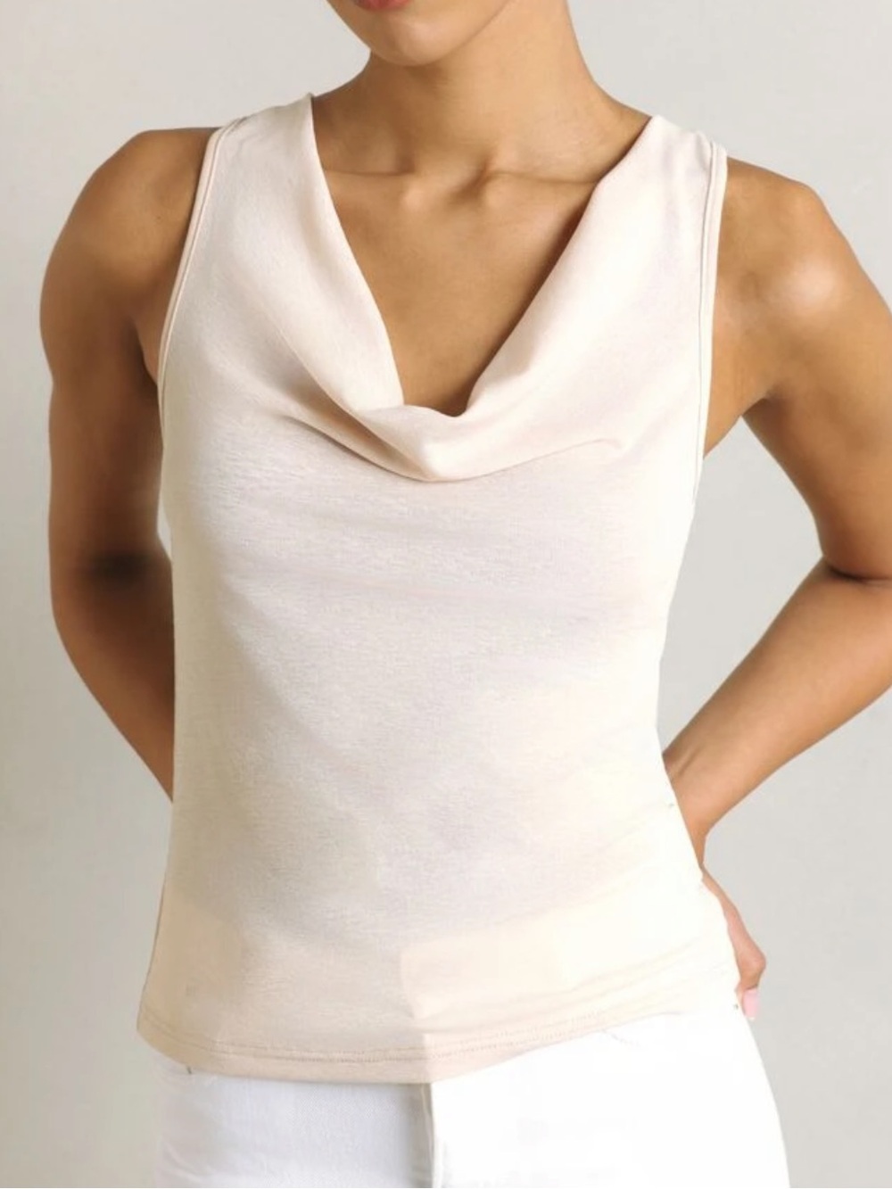 Mesh like Sleeveless Cowl Neck stretchy  Top in ivory cream
